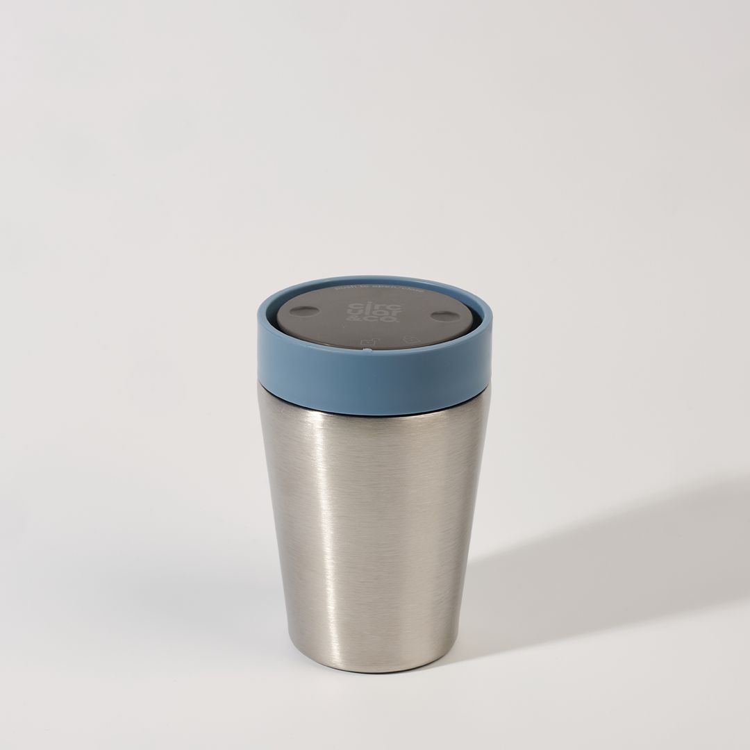 steel reusable cup with blue lid