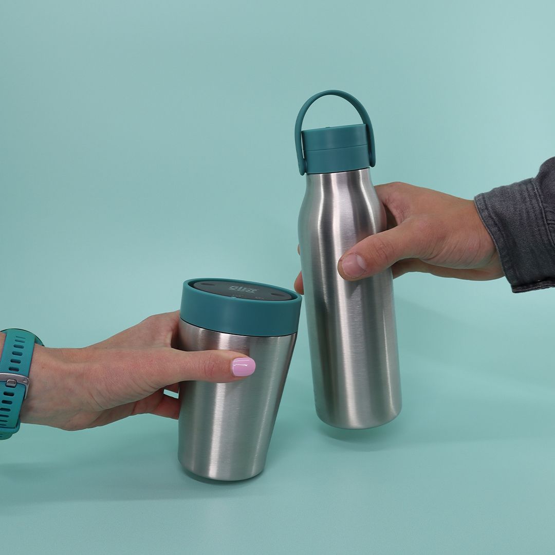 8oz Stainless Steel reusable Travel Mug with aquamarine green lid and 500ml stainless steel Reusable Water Bottle with aquamarine green lid Bundle