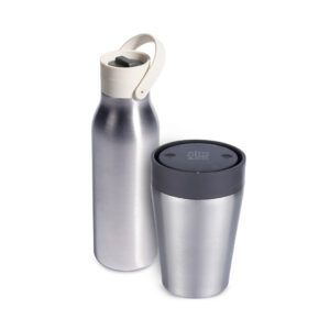 8oz Stainless Steel Travel Mug with storm grey lid and 500ml Reusable Water Bottle with pebble white lid Bundle