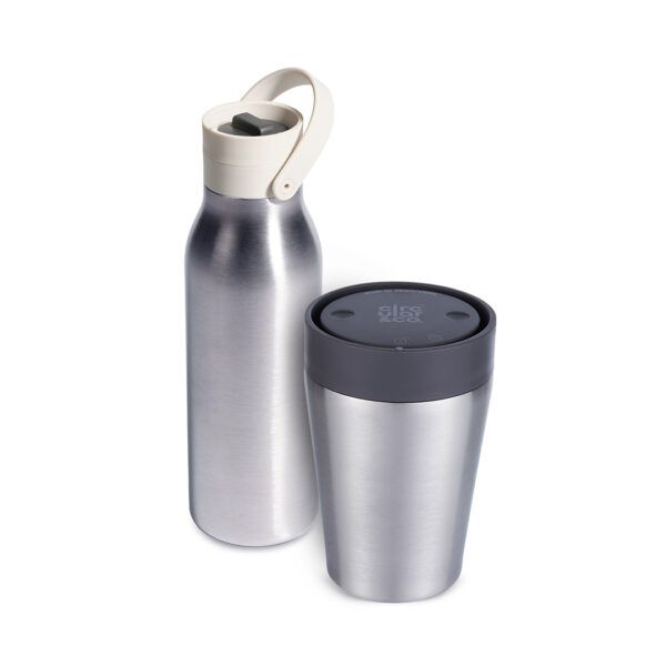 8oz Stainless Steel Travel Mug with storm grey lid and 500ml Reusable Water Bottle with pebble white lid Bundle
